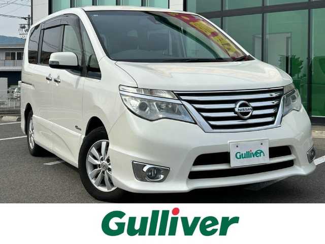 日産 セレナ ハイウェイスター Sハイブリッド 和歌山県 2014(平26)年 5.9万km ブリリアントホワイトパール 純正７インチナビ/フルセグTV/バックカメラ/(BT/CD/DVD/USB)/ABS/クルコン/横滑り防止機能/ビルトインETC/ドアバイザー/ヘッドライトレベライザー/後席サンシェード/電動格納ミラー/スマートキー/プッシュスタート/ハロゲンヘッドライト/オートライト/フォグランプ