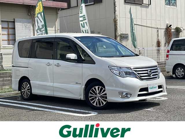日産 セレナ ハイウェイスター Sハイブリッド 兵庫県 2014(平26)年 5.8万km ブリリアントホワイトパール ワンオーナー/エマージェンシーブレーキ/LDW(車線逸脱警報)/純正ナビ/フルセグTV/Bluetooth/バックカメラ/ETC/パワースライドドア/純正16インチAW/オートライト/オートエアコン/リアオートエアコン/インテリジェントキー/プッシュエンジンスターター/クルーズコントロール/取扱説明書・保証書.・スペアキー