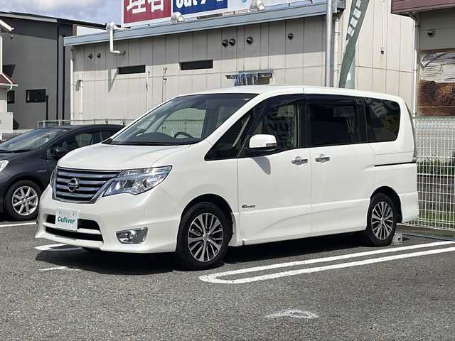 日産 セレナ ハイウェイスター Sハイブリッド 兵庫県 2014(平26)年 5.8万km ブリリアントホワイトパール ワンオーナー/エマージェンシーブレーキ/LDW(車線逸脱警報)/純正ナビ/フルセグTV/Bluetooth/バックカメラ/ETC/パワースライドドア/純正16インチAW/オートライト/オートエアコン/リアオートエアコン/インテリジェントキー/プッシュエンジンスターター/クルーズコントロール/取扱説明書・保証書.・スペアキー