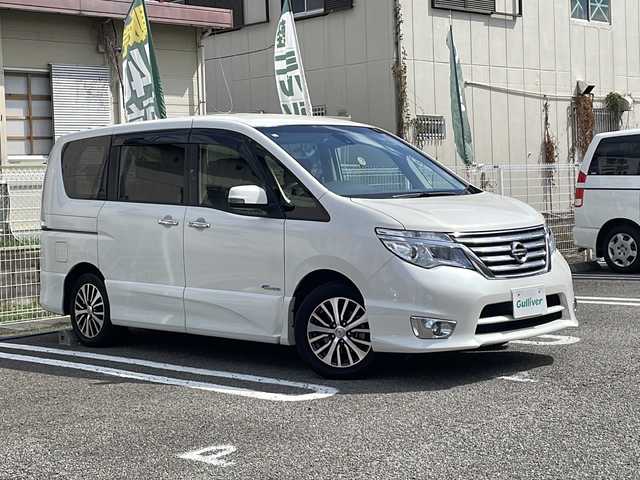 日産 セレナ ハイウェイスター Sハイブリッド 兵庫県 2014(平26)年 5.8万km ブリリアントホワイトパール ワンオーナー/エマージェンシーブレーキ/LDW(車線逸脱警報)/純正ナビ/フルセグTV/Bluetooth/バックカメラ/ETC/パワースライドドア/純正16インチAW/オートライト/オートエアコン/リアオートエアコン/インテリジェントキー/プッシュエンジンスターター/クルーズコントロール/取扱説明書・保証書.・スペアキー