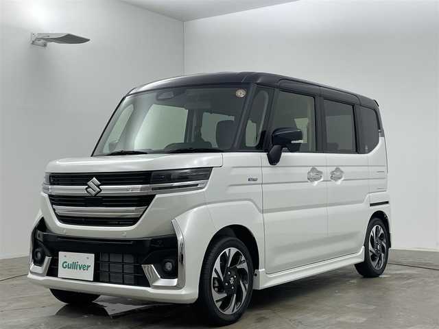 スズキ スペーシア カスタム HYBRID XS 岡山県 2025(令7)年 0.1万km未満 ピュアホワイトパール/ブラック2トーン 登録済未使用車/スズキセーフティーサポート/　・デュアルセンサーブレーキサポートII/　・車線維持支援機能/　・アダプティブクルーズコントロール/　・誤発進抑制機能/　・ヘッドアップディスプレイ/　・発進お知らせ機能/　・ハイビームアシスト/純正10インチメモリーナビ/【Carplay/Bluetooth/フルセグTV/HDMI】/LEDヘッドライト＆LEDフォグランプ/前席シートヒーター/ステアリングヒーター/ISOFIX/リアサーキュレーター/後席サンシェイド/ステアリングスイッチ