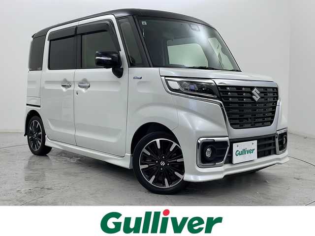 スズキ スペーシア カスタム HYBRID XS ターボ 宮城県 2019(令1)年 3.9万km ピュアホワイトパール/ブラック2トーン ワンオーナー/禁煙車/両側パワースライドドア/ハーフレザーシート/全方位カメラ/スズキセーフティサポート/・デュアルセンサーブレーキサポート/・車線維持支援機能/・ヘッドアップディスプレイ/・コーナーセンサー（リア）/社外フローティングナビ/・CD・DVD・BT・SD・USB・ipod/LEDヘッドライト/LEDフォグライト/D席シートヒーター/ステアリングスイッチ/パドルシフト/純正フロアマット/純正ドアバイザー/純正15インチアルミホイール/アイドリングストップ/プッシュスタート/スマートキー/ロールサンシェード