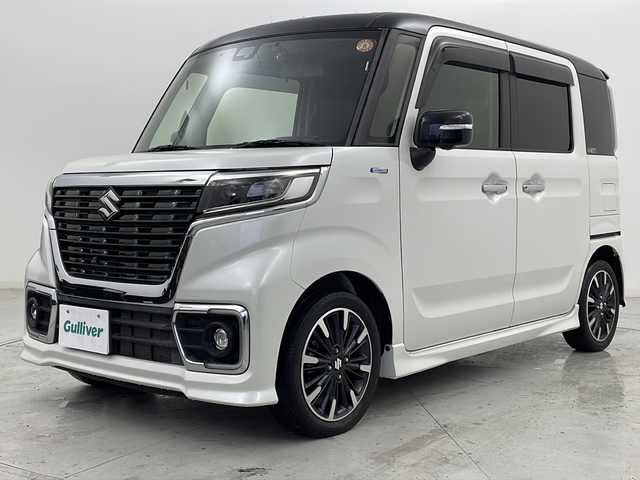 スズキ スペーシア カスタム HYBRID XS ターボ 宮城県 2019(令1)年 3.9万km ピュアホワイトパール/ブラック2トーン ワンオーナー/禁煙車/両側パワースライドドア/ハーフレザーシート/全方位カメラ/スズキセーフティサポート/・デュアルセンサーブレーキサポート/・車線維持支援機能/・ヘッドアップディスプレイ/・コーナーセンサー（リア）/社外フローティングナビ/・CD・DVD・BT・SD・USB・ipod/LEDヘッドライト/LEDフォグライト/D席シートヒーター/ステアリングスイッチ/パドルシフト/純正フロアマット/純正ドアバイザー/純正15インチアルミホイール/アイドリングストップ/プッシュスタート/スマートキー/ロールサンシェード
