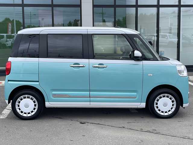 ダイハツ ムーヴ キャンバス ストライプス G 道東・釧路十勝 2023(令5)年 0.8万km シャイニングホワイトパール/ファインミントメタリック ・４WD/・社外メモリナビ(ラジオ BT)/・バックカメラ/・両側パワースライドドア/・衝突被害軽減ブレーキ/・横滑り防止装置/・ETC/・前席シートヒーター/・コーナーセンサー/・LEDヘッドライト/・LEDフォグランプ/・スマートキー/・プッシュスタート/・ステアリングリモコン/・電動格納ミラー/・アイドリングストップ/・純正フロアマット