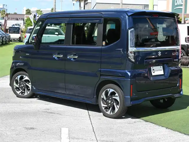 スズキ スペーシア カスタム HYBRID XS ターボ 千葉県 2024(令6)年 1万km インディゴブルーメタリック デュアルセンサーブレーキサポート/両側パワースライドドア/純正メモリーナビ/地デジTV/【Bluetooth接続】/【Apple CarPlay　Android Auto対応】/全方位モニター/ドライブレコーダー/ハーフレザーシート/革巻きステアリング/ステアリングヒーター/ステアリングスイッチ/ETC/LEDヘッドライト/フォグライト/ウインカーミラー/コーナーセンサー/純正15インチアルミホイル/サイド/カーテンエアバッグ/携帯リモコン