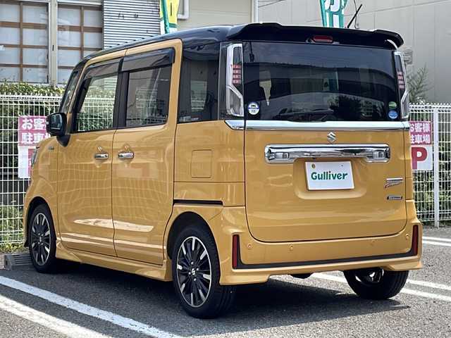 スズキ スペーシア カスタム HYBRID XS ターボ 兵庫県 2018(平30)年 2.3万km アクティブイエロー/ブラック2トーンルーフ 登録時走行距離22406km/4WD/ターボ車/ブラックルーフ/ブラックドアミラー/ブラックリアスポイラー/ワンオーナー/純正8型ナビ/CD/DVD/フルセグTV/Bluetooth/バックカメラ/セーフティサポート（予防安全技術）/デュアルセンサーブレーキサポート/両側パワースライドドア/LEDヘッドランプ/オートライト/合皮ハーフレザーシート/前席シートヒーター/パーソナルテーブル（後席左右）/パドルシフト/SRSエアバック（運転席/助手席/サイド/カーテン）/純正フロアマット/ドアバイザー/ヘッドアップディスプレイ/保証書/取説/スペアキー
