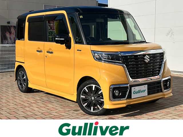 スズキ スペーシア カスタム HYBRID XS ターボ 鳥取県 2018(平30)年 2.3万km アクティブイエロー/ブラック2トーンルーフ 登録時走行距離22406km/4WD/ターボ車/ブラックルーフ/ブラックドアミラー/ブラックリアスポイラー/ワンオーナー/純正8型ナビ/CD/DVD/フルセグTV/Bluetooth/バックカメラ/セーフティサポート（予防安全技術）/デュアルセンサーブレーキサポート/両側パワースライドドア/LEDヘッドランプ/オートライト/合皮ハーフレザーシート/前席シートヒーター/パーソナルテーブル（後席左右）/パドルシフト/SRSエアバック（運転席/助手席/サイド/カーテン）/純正フロアマット/ドアバイザー/ヘッドアップディスプレイ/保証書/取説/スペアキー