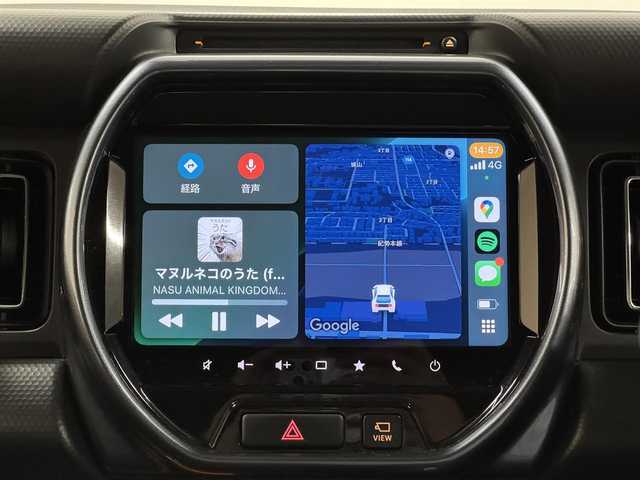 スズキ ハスラー Jスタイル ターボ 三重県 2021(令3)年 3.3万km ピュアホワイトパール/ガンメタリック2トーン フルタイム4WD/マイルドハイブリッド・ターボ/MTモード付インパネCVT/メーカーOP 純正9インチナビ/（CD/DVD/FM/AM/Bluetooth/USB/iPod/SmartDeviceLink/Apple CarPlay/AndroidAuto）/【OP】全方位モニター/ドライブレコーダー 前後/ビルトイン ETC/【OP】ルーフレール/スズキセーフティサポート/・デュアルカメラブレーキサポート/・車線逸脱警報機能／ふらつき警報機能／車線逸脱抑制機能/・アダプティブクルーズコントロール（全車速追従機能付）/・リヤパーキングセンサー/・標識認識機能（車両進入禁止、はみ出し通行禁止、最高速度、一時停止）/装備/【4WD車限定装備】/●スノーモードスイッチ/●グリップコントロール/●ヒルディセントコントロール/・シートヒーター（D/N）/・オートエアコン/・オートライト/・LED ヘッドランプ＋フロントフォグランプ/・ハイビームアシスト/・パドルシフト/・ステアリングスイッチ/・プッシュスタート/・電動格納ドアミラー（ウインカーランプ付）/・純正15inAW/・保/取/ナビ取