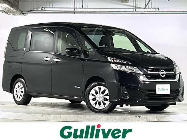 日産 セレナ X 広島県 2017(平29)年 4.8万km ダイヤモンドブラック 禁煙車/快適パック/・スーパーUVカット断熱グリーンガラス/・パーソナルテーブル/・カップホルダー12個/・USB電源ソケット/・セカンドシート 超ロングスライド＋横スライド/・サードシートスライド/・シートバックフック/・シートバックポケット/エマージェンシーブレーキ/車線逸脱警報/純正9型ナビ（MM516D-L）/・フルセグ/CD/DVD/Blu-ray/Bluetooth/バックカメラ/純正フリップダウンモニター/両側パワースライドドア/ステアリングスイッチ/社外前後ドライブレコーダー/ETC/純正15インチホイール/Wエアバック
