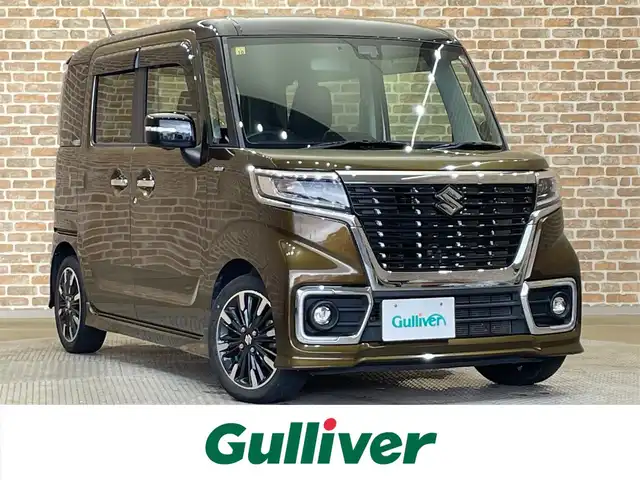 スズキ スペーシア カスタム HYBRID XS ターボ 岩手県 2018(平30)年 5.8万km ブレイブカーキパール/ブラック2トーン ワンオーナー/４WD/ターボ/全方位モニター/両側パワースライドドア/カラーヘッドアップディスプレイ/パドルシフト/スズキセーフティサポート/デュアルセンサーブレーキサポート/車線逸脱抑制機能/ハイビームアシスト/クルーズコントロール/リヤパーキングセンサー/横滑り防止装置/アイドリングストップ/サーキュレーター/ロールサンシェード/シートヒーター/純正ナビ/（CD/DVD/フルセグ/SD/USB/Bluetooth）/ステアリングスイッチ/LEDヘッドライト/純正15インチアルミホイール