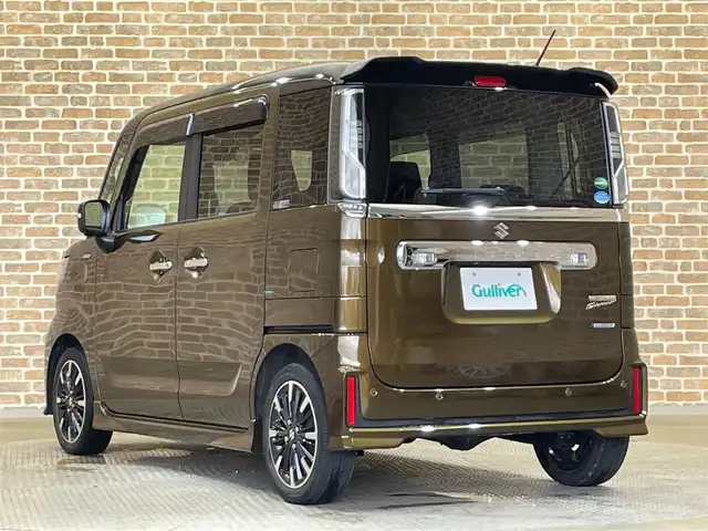 スズキ スペーシア カスタム HYBRID XS ターボ 岩手県 2018(平30)年 5.8万km ブレイブカーキパール/ブラック2トーン ワンオーナー/４WD/ターボ/全方位モニター/両側パワースライドドア/カラーヘッドアップディスプレイ/パドルシフト/スズキセーフティサポート/デュアルセンサーブレーキサポート/車線逸脱抑制機能/ハイビームアシスト/クルーズコントロール/リヤパーキングセンサー/横滑り防止装置/アイドリングストップ/サーキュレーター/ロールサンシェード/シートヒーター/純正ナビ/（CD/DVD/フルセグ/SD/USB/Bluetooth）/ステアリングスイッチ/LEDヘッドライト/純正15インチアルミホイール