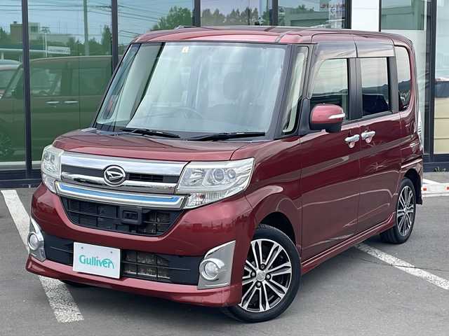 ダイハツ タント カスタム RS SA 道東・釧路十勝 2014(平26)年 7万km ファイアークォーツレッドM ・ターボ/・4WD/・純正SDメモリナビ/(AM・FM・CD・DVD・フルセグ・BT・AUX)/・バックカメラ/・両側パワースライドドア/・横滑り防止機能/・衝突軽減ブレーキ/・純正フロアマット/・電動格納ミラー/・ドアバイザー/・オートライト/・HIDライト/・リアサンシェード