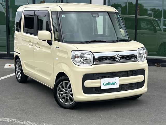 スズキ スペーシア HYBRID X 道東・釧路十勝 2019(令1)年 5.4万km シフォンアイボリーM ・4WD/・純正SDメモリナビ/（CD・DVD・フルセグ・BT・FM・AM）/・全方位カメラ/・両側パワースライドドア/・衝突軽減システム/・車線逸脱警報/・コーナーセンサー/・横滑り防止/・前席シートヒーター/・ステアリングリモコン/・アイドリングストップ/・ドアバイザー/・スマートキー/・プッシュスタート