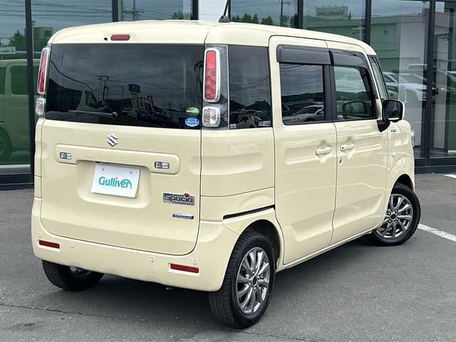 スズキ スペーシア HYBRID X 道東・釧路十勝 2019(令1)年 5.4万km シフォンアイボリーM ・4WD/・純正SDメモリナビ/（CD・DVD・フルセグ・BT・FM・AM）/・全方位カメラ/・両側パワースライドドア/・衝突軽減システム/・車線逸脱警報/・コーナーセンサー/・横滑り防止/・前席シートヒーター/・ステアリングリモコン/・アイドリングストップ/・ドアバイザー/・スマートキー/・プッシュスタート