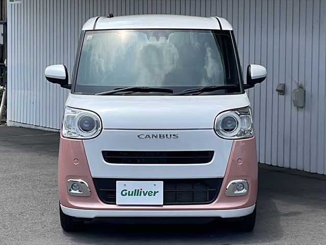 ダイハツ ムーヴ キャンバス ストライプス G ターボ 長野県 2023(令5)年 2.8万km シャイニングホワイトパール/アプリコットピンクメタリック ターボ/両側パワースライドドア/スマートキー/プッシュスタート/バックカメラ/LEDヘッドライト/スマートアシスト/フォグランプ