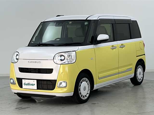 ダイハツ ムーヴ キャンバス ストライプス G 宮城県 2022(令4)年 0.9万km シャイニングホワイトパール/シトラスイエロークリスタルシャイン スマートアシスト/・衝突回避支援ブレーキ機能/・車線逸脱警報/・オートハイビームアシスト/・標識認識機能/・コーナーセンサー/純正10インチスタイリッシュナビ/・CD.DVD.SD.BT.USB.HDMI/フルセグTV/バックモニター/両側パワースライドドア/前後ドライブレコーダー/前席シートヒーター/ETC/LEDヘッドライト/LEDフォグランプ/ホッとカップホルダー/アイドリングストップ/横滑り防止装置/プッシュスタート/スマートキー/ステアリングスイッチ/純正フロアマット/電動格納ミラー
