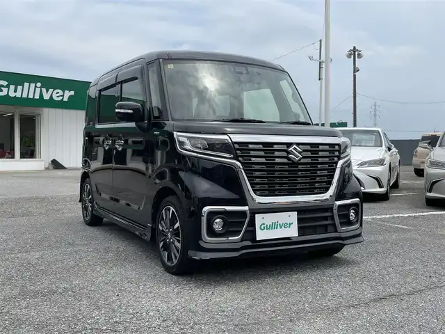 スズキ スペーシア カスタム HYBRID XS ターボ 千葉県 2020(令2)年 3.6万km ブルーイッシュブラックパール3 デュアルセンサーブレーキサポート/純正SDナビ【KXM-E505W】/・CD/DVD/MSV/Bluetooth/フルセグ/バックカメラ/両後パワースライドドア/ハーフレザーシート/運転席シートヒーター/クルーズコントロール/車線逸脱警報/スマートキー/社外前後ドライブレコーダー【ZDR025】/純正ビルトインETC/パドルシフト/コーナーセンサー/純正LEDヘッドライト/フォグランプ/純正15インチアルミホイール/本革巻きステアリング/ドアバイザー/サイド＆カーテンエアバッグ/新車時保証書＆取扱説明書