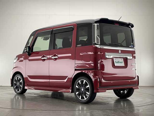 スズキ スペーシア カスタム HYBRID XS ターボ 宮崎県 2018(平30)年 5.5万km フェニックスレッドパール/ブルーイッシュブラックパール SUZKUKI Safety Support/〇デュアルカメラブレーキサポート/〇誤発進抑制機能（前方・後方）/〇後退時ブレーキサポート/〇車線逸脱警報機能/〇車線逸脱抑制機能/〇ふらつき警報機能/〇標識認識機能/〇オートマチックハイビーム/〇コーナーセンサー/社外7インチSDナビ/CD/DVD/Blu-ray/Bluetooth/両側パワースライドドア/クルーズコントロール/パドルシフト/ハーフレザーシート/シートヒーター/LEDヘッドライト/アイドリングストップ/ETC/純正15インチAW/スマートキー×2