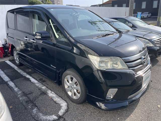 日産 セレナ ハイウェイスター S HV エアロ 新潟県 2013(平25)年 7.1万km スーパーブラック メモリナビ/ワンセグテレビ/純正ホイール夏タイヤ装着/ウィンカーミラー/クルーズコントロール/ドアバイザー/プッシュスタート/片側パワースライドドア/ETC/ドライブレコーダー/純正フロアマット/電動格納ドアミラー/スペアキー1個