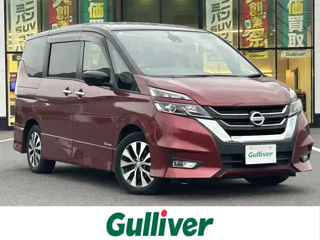 日産 セレナ ハイウェイスター Vセレクション 岡山県 2017(平29)年 7.8万km マルーンレッド 2トーン 登録時走行距離77555km/プロパイロット/純正9インチワイドナビ/フルセグTV(AM.FM.CD.DVD.TV.BT)/純正フリップダウンモニター/両側パワースライドドア/アラウンドビューモニター/デジタルインナーミラー/ビルトインETC/純正ドライブレコーダー/クリアランスソナー/衝突軽減ブレーキ/横滑り防止装置/クルーズコントロール(追従走行あり)/車線逸脱警報（レーンキープアシスト）/LEDヘッドライト/オートライト/オートマチックハイビーム/アイドリングストップ/16インチ純正AW/純正フロアマット