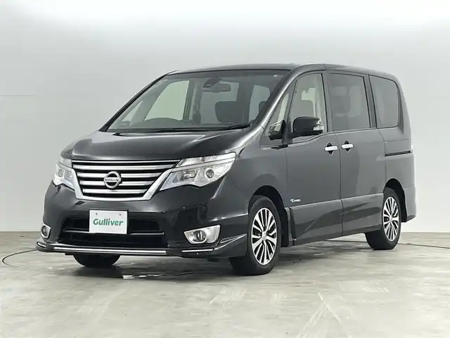 日産 セレナ 福島県 2015(平27)年 6.5万km 黒 セーフティS/・衝突軽減ブレーキ/・ＬＤＷ（車線逸脱警報）/・踏み間違い衝突防止アシスト/・ふらつき警報/・横滑り防止/社外ナビゲーション/・型式：MDV-2702W/・Bluetooth/TV/CD/DVD/AM・FM/USB/・全方位/バックカメラ/・ETC/クルーズコントロール/両側パワースライドドア/ミラー型ドライブレコーダー/デジタルインナーミラー/革巻きステアリング/LEDライト/・フォグライト/・オートライト/純正16インチアルミホイール/フロアマット/ドアバイザー/プッシュスタート/・スマートキー
