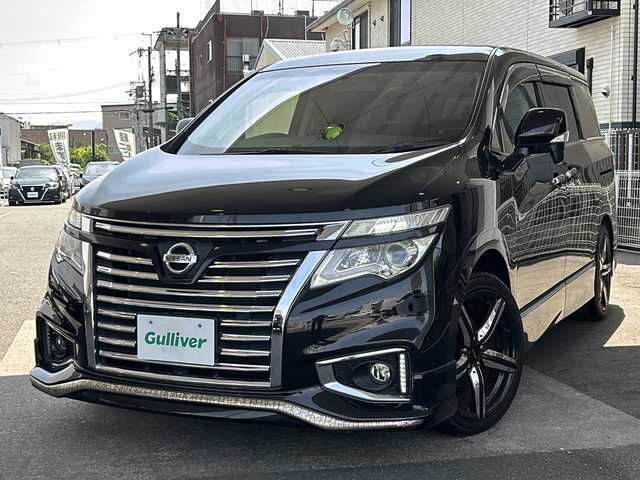 日産 エルグランド 250ハイウェイスター 京都府 2014(平26)年 8.3万km ファントムブラック PanasonicSDナビ/（フローティングナビ　CN-F1DVD）　/フルセグTV/FM/AM/Bluetooth/CD/DVD/USB/SDミュージックサーバー/純正フリップダウンモニター/外19インチＡＷ/　ESTATUS/Style-CTRGloss Black/両側パワースライドドア/パワーバックドア/バックカメラ/3列シート/オットマン/ウォークスルー/クルーズコントロール/ビルトインETC/WAC/LEDライト/オートライト/禁煙車