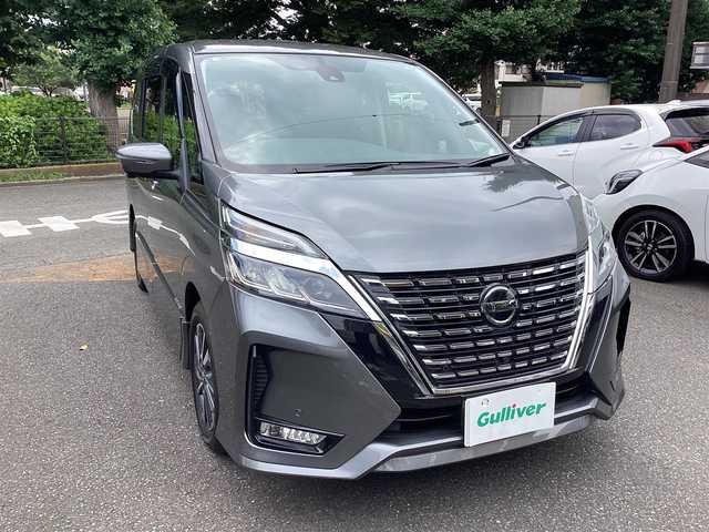 日産 セレナ ハイウェイスター V 神奈川県 2020(令2)年 3.6万km ダークメタルグレー ワンオーナー/プロパイロット/S-HYBRID/純正ナビ/（iPod/SD/FM/AM/TV/USB/Bluetooth/CD/DVD/純正後席モニター/インテリジェント アラウンドビューモニター（移動物検知機能付）/両側ハンズフリースライドドア/ビルトイン ETC/オートエアコン&リヤヒーターダクト+寒冷地+前席ヒーターシート&ステアリングヒーター  /安全装備/【OP】セーフティパックA/・インテリジェント エマージェンシーブレーキ/・インテリジェント FCW（前方衝突予測警報）/・インテリジェント DA（ふらつき警報）/・インテリジェント BSI（後側方衝突防止支援システム）＋BSW（後側方車両検知警報）/・RCTA（後退時車両検知警報）/・踏み間違い衝突防止アシスト/・標識検知機能（進入禁止、最高速度、一時停止）/・フロント&バックソナー/装備/・【OP】後席オートエアコン＆リヤヒーターダクト/・オートライト/・LEDヘッドランプ＋フロントフォグランプ/・ハイビームアシスト/・純正16inAW/・インテリキーx2