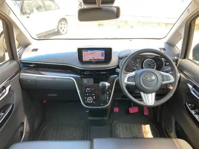 ダイハツ ムーヴ カスタム RS ハイパー SAⅢ 静岡県 2018(平30)年 5.6万km ブラックマイカメタリック スマートアシスト/社外後席モニター2個/社外メモリーナビ/　　ラジオ DVD CD Bluetooth SD USB/LEDオートヘッドライト/ハーフレザーシート/シートヒーター/クリアランスソナー/純正15インチアルミホイール/アイドリングストップ/スマートキー＆プッシュスタート/ターボ/オーバーヘッドコンソール/フルセグＴＶ/バックモニター