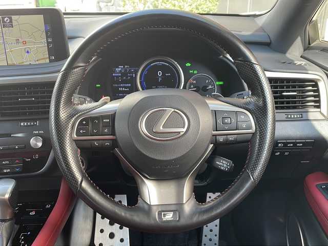 レクサス ＲＸ 450h Fスポーツ 広島県 2021(令3)年 7.2万km ホワイトノーヴァガラスフレーク 純正ナビ/Bluetooth/CD/DVD/USB/Miracast/フルセグTV/パノラミックビューモニター/ビルドインETC2.0/赤革シート/メモリーシート/パワーシート/シートヒーター/シートベンチレーション/ステアリングヒーター/ステアリングスイッチ/パドルシフト/パワーバックドア/レーダークルーズコントロール/BSM/HUD/三眼LEDオートライト/オートハイビーム/プリクラッシュセーフティー/シーケンシャルウインカー/フォグランプ/純正20インチアルミホイール/純正フロアマット/横滑り防止装置/レーンキープアシスト/スマートキー/プッシュスタート