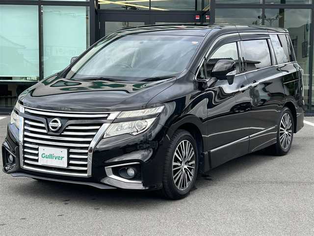 日産 エルグランド 250ハイウェイスター 愛媛県 2014(平26)年 7.2万km ファントムブラック 純正8インチナビ【MM513D-L】/　CD/DVD/Bluetooth/フルセグTV/バックカメラ/ビルトインETC/ハーフレザーシート/左側パワースライドドア/純正18インチAW/オートライト/HIDヘッドライト/フロントフォグ/革巻きステアリング/プッシュスタート/フロアマット/オットマン
