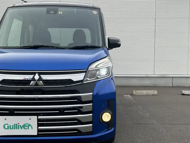 三菱 ｅＫスペース カスタムT セーフティプラスED 秋田県 2018(平30)年 4.2万km ライトニングブルーマイカ 4WD/ターボ/純正メモリナビ/　【フルセグ/CD/DVD/USB/SD/BT/MSV】/バックカメラ・全周囲カメラ/純正エンジンスターター/装着：社外AWスタッドレスタイヤ 155/65/R14/車載：純正AWサマータイヤ 　　　165/55/R15/ステアリングスイッチ/クルーズコントロール/運転席シートヒーター/両側パワースライドドア/LEDヘッドライト（AUTO機能付き）・フォグランプ/オートマチックハイビーム/アイドリングストップ/衝突軽減システム/横滑り防止機能/レーンキープアシスト/パーキングアシスト/コーナーセンサー/リアサーキュレーター/リアサンシェード/純正フロアマット/純正ドアバイザー