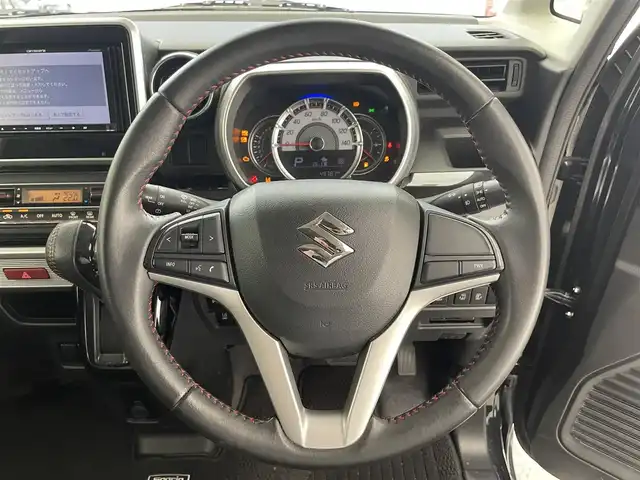 スズキ スペーシア カスタム HYBRID XS 滋賀県 2018(平30)年 5万km ブルーイッシュブラックパール3 禁煙車　/社外7インチナビ/・TV・CD・AM・FM/ETC/両側パワースライド　/衝突軽減ブレーキ　/スペアキー　/シートヒーター　/ハーフレザー　/ビルドインＥＴＣ　/ステアリングスイッチ　/サーキュレーター　/純正フロアマット　/純正アルミホイール/革巻きステアリング/ステアリングスイッチ
