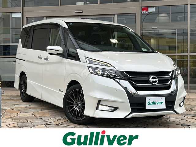 日産 セレナ ハイウェイスター G 静岡県 2016(平28)年 7.7万km ブリリアントホワイトパール 純正ナビ/両側パワースライドドア/全方位カメラ/クルーズコントロール/前後コーナーセンサー/フリップダウンモニター/WAC/LEDヘッドライト/スマートキー/社外アルミホイール/社外フロアマット/スペアキー×１/3列シート/ウォークスルー/エマージェンシーブレーキ/エンジンスタートボタン