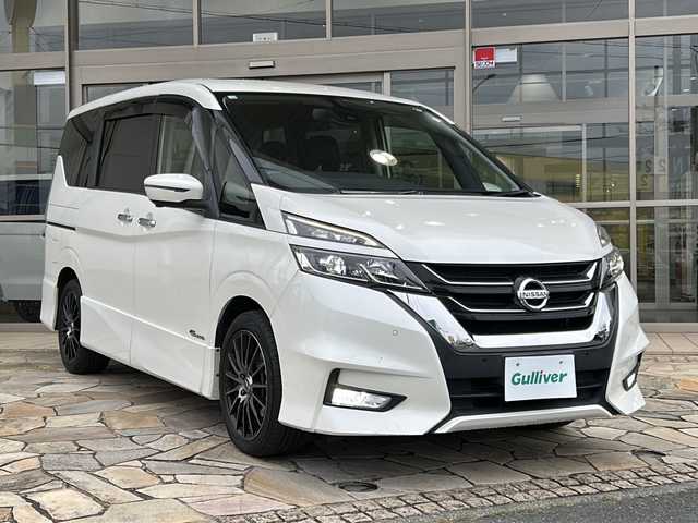 日産 セレナ ハイウェイスター G 静岡県 2016(平28)年 7.7万km ブリリアントホワイトパール 純正ナビ/両側パワースライドドア/全方位カメラ/クルーズコントロール/前後コーナーセンサー/フリップダウンモニター/WAC/LEDヘッドライト/スマートキー/社外アルミホイール/社外フロアマット/スペアキー×１/3列シート/ウォークスルー/エマージェンシーブレーキ/エンジンスタートボタン