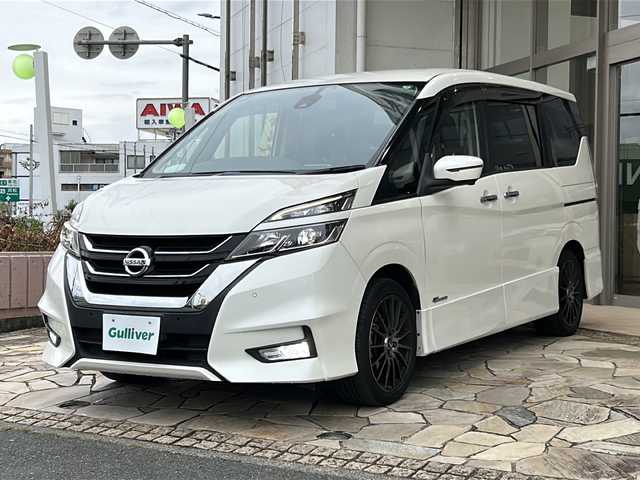 日産 セレナ ハイウェイスター G 静岡県 2016(平28)年 7.7万km ブリリアントホワイトパール 純正ナビ/両側パワースライドドア/全方位カメラ/クルーズコントロール/前後コーナーセンサー/フリップダウンモニター/WAC/LEDヘッドライト/スマートキー/社外アルミホイール/社外フロアマット/スペアキー×１/3列シート/ウォークスルー/エマージェンシーブレーキ/エンジンスタートボタン