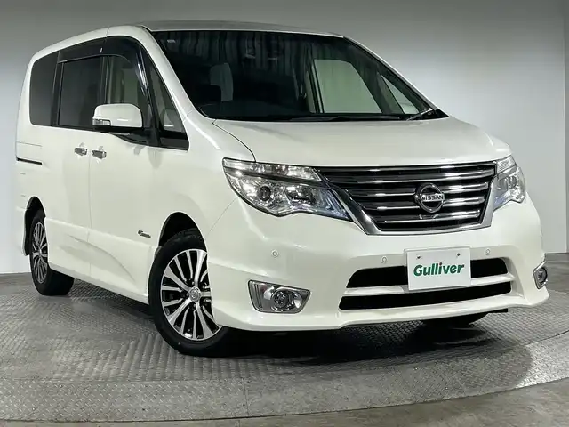日産 セレナ HWS S HV Vセレ +Sefty Aセーフ 神奈川県 2015(平27)年 7.4万km ブリリアントホワイトパール 純正8インチSDナビ　【MM514D-L】/-CD/DVD/Bluetooth/SD/フルセグTV/アラウンドビューモニター/フリップダウンモニター/両側パワースライドドア　/エマージェンシーブレーキ　/車線警報　/踏み間違い衝突防止アシスト　/ふらつき警報　/クルーズコントロール　/LEDヘッドライト　/フォグランプ　/ビルトインETC