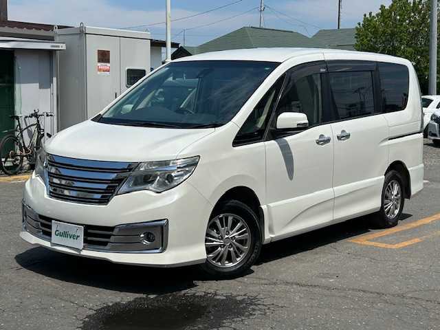 日産 セレナ ライダー 道東・釧路十勝 2015(平27)年 9.9万km ブリリアントホワイトパール 4WD/ワンオーナー/純正SDナビ　MP315D-W/（DVD/CD/BT/フルセグ）/バックカメラ/LEDヘッドライト/エンジンスターター/スタッドレスタイヤ積載　2021年/両側パワースライドドア/クルーズコントロール/ステアリングスイッチ/アイドリングストップ/3列シート/ウォークスルー/ビルトインETC/衝突被害軽減ブレーキ/オートライト/電動格納ミラー/純正ドアバイザー/純正フロアマット/エンジンプッシュスタート/取扱説明書/スペアキー1本/社外15インチアルミホイール