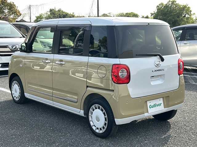 ダイハツ ムーヴ キャンバス ストライプス G ターボ 大阪府 2023(令5)年 0.5万km シャイニングホワイトパール/サンドベージュメタリック スマートアシスト/・衝突回避支援/・認識支援/・運転負荷軽減/・駐車支援/ディスプレイオーディオ/ フルセグ/HDMI/USB/全方位カメラ/ホッとカップホルダー/レーダークルーズ/両側電動スライドドア/おくだけ充電/シートヒーター/コーナーセンサー/LEDヘッドライト