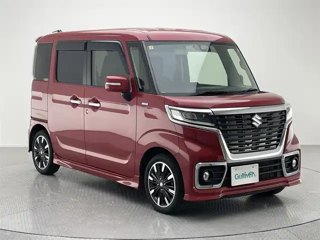 スズキ スペーシア カスタム HYBRID XS 兵庫県 2018(平30)年 5.8万km フェニックスレッドパール 社外SDナビ/（CD/DVD/SD/Bluetooth/フルセグTV）/・CN-5310D/バックカメラ/クリアランスソナー/LKA/横滑り防止装置/盗難防止装置/後方コーナーセンサー/プリクラッシュセーフティー/両側パワースライドドア/ハーフレザーシート/D席シートヒーター/ビルトインETC/LEDヘッドライト/LEDフォグランプ/オートライト/サーキュレーター/純正15インチアルミホイール/純正フロアマット/ドアバイザー/スマートキー/スペアキー1本/アイドリングストップ/ベンチシート