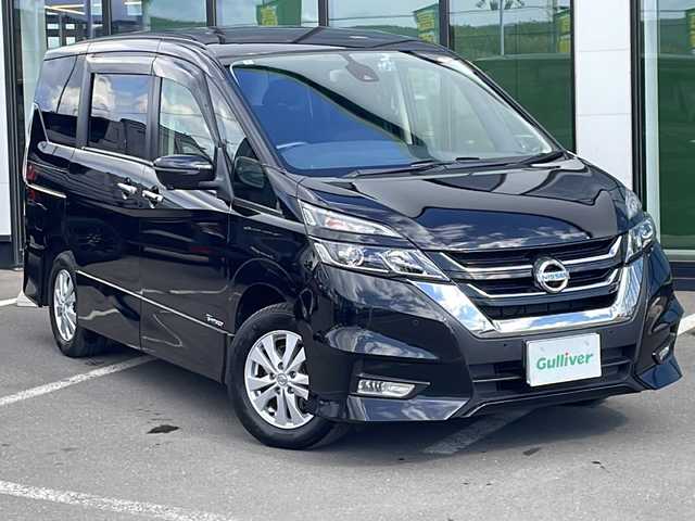 日産 セレナ ハイウェイスター Vセレクション 道東・釧路十勝 2018(平30)年 8.6万km ダイヤモンドブラック ・４WD/・純正9インチナビ/　（CD　DVD　AM　FM　BT　USB　AUX）/・純正フリップダウンモニター/・アラウンドビューモニター/・両側パワースライドドア/・ハンズフリーオートスライドドア/・クルーズコントロール/・エマージェンシーブレーキ/・前方ドライブレコーダー/・アイドリングストップ/・前後コーナーセンサー/・LEDライト/・サンシェード/・スマートキー/・プッシュスタート