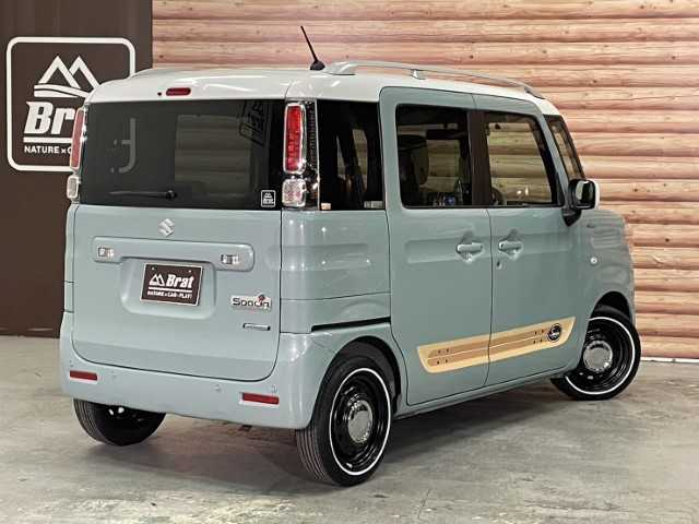 スズキ スペーシア HYBRID X 福島県 2018(平30)年 4.2万km オフブルーメタリック/ホワイト2トーン AIS検査済み/【2504013385】/ルーフレール/オートライト/両側パワスラ/純正フロアマット/スマートキー/USB入力端子/Bluetooth接続/フルセグ/ETC(通常）/シートヒーター/Wエアコン/AAC/コーナーセンサー/盗難防止装置/レーンキープアシスト/横滑り防止/衝突被害軽減ブレーキ/ABS/アイドリングストップ/14AW WEDS ネオキャロ(社外）/NANKANG RX615 WSW（社外）/サイドデカール（純正）/社外パーツ取付有