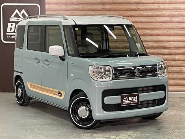 スズキ スペーシア HYBRID X 福島県 2018(平30)年 4.2万km オフブルーメタリック/ホワイト2トーン AIS検査済み/【2504013385】/ルーフレール/オートライト/両側パワスラ/純正フロアマット/スマートキー/USB入力端子/Bluetooth接続/フルセグ/ETC(通常）/シートヒーター/Wエアコン/AAC/コーナーセンサー/盗難防止装置/レーンキープアシスト/横滑り防止/衝突被害軽減ブレーキ/ABS/アイドリングストップ/14AW WEDS ネオキャロ(社外）/NANKANG RX615 WSW（社外）/サイドデカール（純正）/社外パーツ取付有