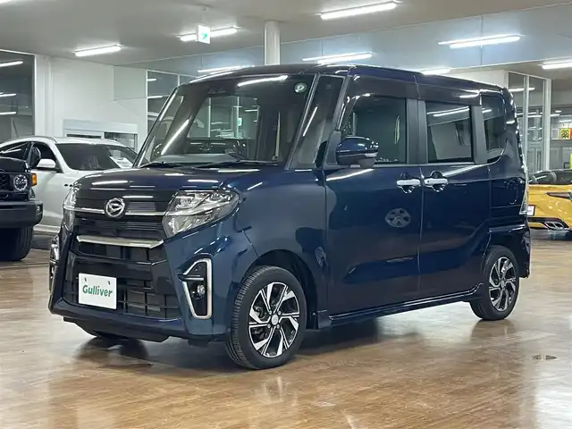 ダイハツ タント カスタム X セレクション 道央・札幌 2020(令2)年 3.5万km レーザーブルークリスタルシャイン ワンオーナー/4WD/社外SDナビ/フルセグTV/CD/DVD/Bluetooth/衝突軽減ブレーキ/横滑り防止/アイドリングストップ/シートヒーター（D/N）/両側パワスラ/オートマチックハイビーム/オートライト/LEDヘッドライト/フォグランプ/ハーフレザーシート/ETC/スマートキー×2/社外エンジンスターター/スタッドレスセット積込み/　155/65/14　2022年製　5mm/保証書/取扱説明書