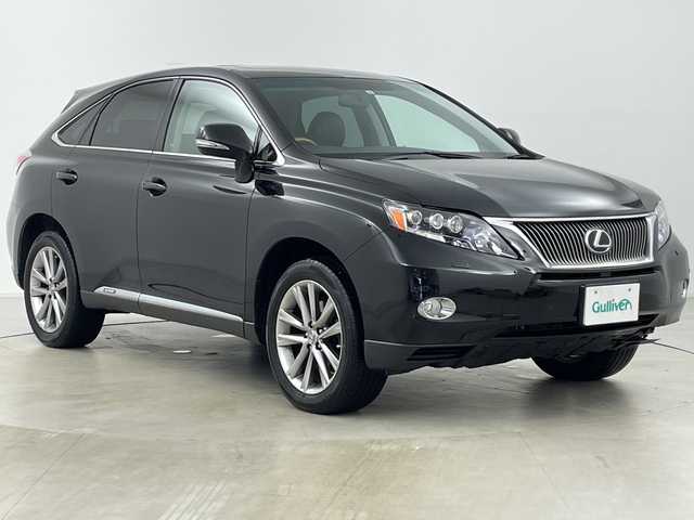 レクサス ＲＸ 450h バージョンL エアサス 道央・札幌 2012(平24)年 13.4万km ブラック ・4WD/・純正ナビ&CD&DVD&HDD&AUX&TV/・パワーバックドア/・サンルーフ/・バック/サイドカメラ/・サイドカメラ/・クルーズコントロール/・コーナーセンサー/・ヘッドアップディスプレイ/・横滑り防止装置/・前席エアシート/・前席パワーシート/・前席メモリ付シート/・レザーシート/・ビルトインETC/・ステアリングスイッチ/・電動格納ミラー/・純正フロアマット/・HIDヘッドライト/・オートライト/・スマートキー/・スペアキー/・純正エンジンスターター