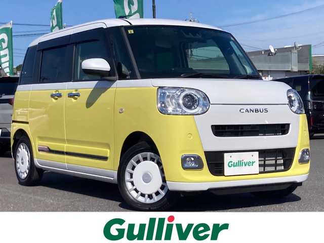 ダイハツ ムーヴ キャンバス ストライプス G 千葉県 2023(令5)年 0.1万km シャイニングホワイトパール/シトラスイエロークリスタルシャイン 社外メモリナビ/CD/DVD/SD/Bluetooth/フルセグTV/バックカメラ/ETC/前後ドライブレコーダー/両側パワースライドドア/衝突被害軽減ブレーキ/前席シートヒーター/ホットカップホルダー/ブレーキホールド/LEDヘッドライト/社外フロアマット