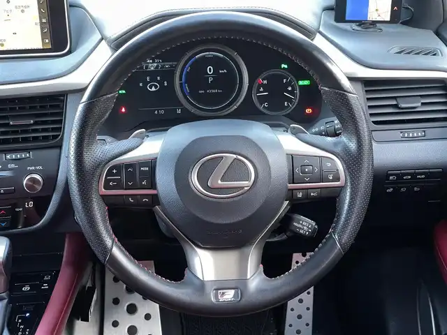 レクサス ＲＸ 450h Fスポーツ 山梨県 2018(平30)年 4.4万km グラファイトブラックガラスフレーク TRDフルエアロ/パノラマルーフ/赤革/4WD/三眼LED/プリクラッシュ/LKA/シーケンシャルウィンカー/前Pシート/前シートH/前ベンチレーション/オートライト/オートハイビーム/純正メモリナビ/Bカメラ/HUD/フルセグ