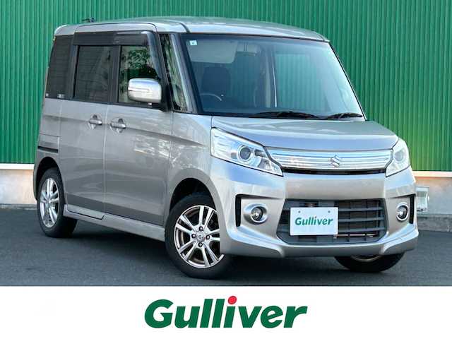 スズキ スペーシア カスタム GS 宮城県 2013(平25)年 10.9万km スチールシルバーM 純正SDナビ/【BT・USB・AUX・ワンセグTV】/バックカメラ/両側スライドドア/純正エアロ/社外14インチAW【純正アルミ積み込み】/アイドリングストップ/ステアリングスイッチ/ウィンカーミラー/オートライト/HIDヘッドライト/フォグライト/スマートキーX２