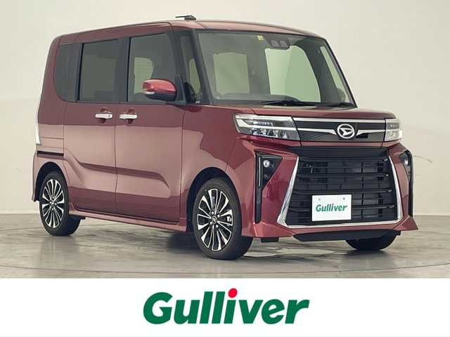 ダイハツ タント カスタム RS 滋賀県 2022(令4)年 0.2万km ファイアークォーツレッドM 禁煙車/ディスプレイオーディオ(AM/FM/CD/USB/AUX)/前席シートヒーター/ハーフレザーシート/バックカメラ/LEDヘッドライト/オートライト/両側パワースライドドア/コーナーセンサー/アイドリングストップ/ステアリングスイッチ/純正フロアマット/プリクラッシュ/プッシュスタート/スマートキー×2