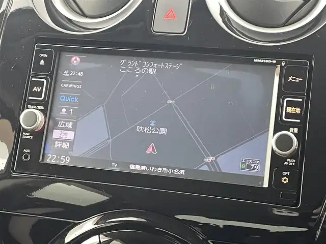 日産 ノート e－パワー X 福島県 2017(平29)年 4.8万km ソニックブルー 衝突軽減ブレーキ/・踏み間違い防止アシスト/・車線逸脱警報装置/・標識認識/・横滑り防止装置/純正ナビゲーション/・型式：MM316D-W/・Bluetooth/AM・FM/CD/DVD/SD/USB/・バックカメラ/・360度カメラ/・前方ドライブレコーダー/・ETC/プッシュスタート/・スマートキー/ハロゲンライト/・オートライト/・ヘッドライトリベライザー/純正フロアマット/ドアバイザー/電動格納ウィンカーミラー