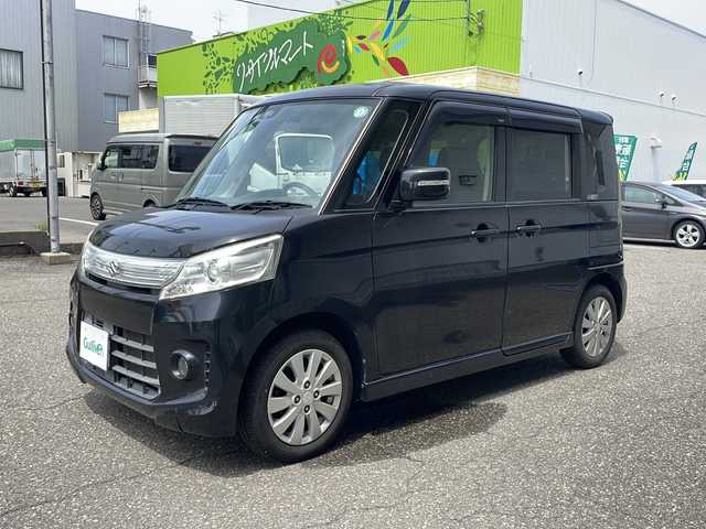 スズキ スペーシア カスタム XS 福井県 2014(平26)年 4.7万km ブルーイッシュブラックパール3 スマートキー/プッシュスタート/アイドリングストップ/衝突軽減/横滑り防止/HIDヘッドライト/オートライト/フォグランプ/電動格納ミラー/左側パワースライドドア/純正フロアマット/純正ドアバイザー/スタッドレスタイヤ、ホイール4本積み込み